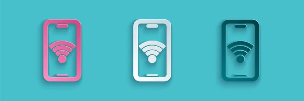 Papiergeschnittenes Smartphone mit kostenlosem WLAN-Funkverbindungssymbol isoliert auf blauem Hintergrund. Drahtlose Technologie, Wi-Fi-Verbindung, drahtloses Netzwerk. Papierkunst. Vektor — Stockvektor