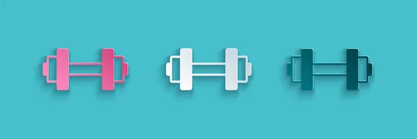 Paper cut Dumbbell icon isolated on blue background. Muscle lifting, fitness barbell, sports equipment. Paper art style. Vector — Stock Vector