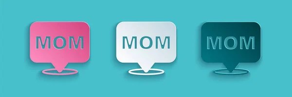 Paper cut Speech bubble mom icon isolated on blue background. Hari ibu bahagia. Gaya seni kertas. Vektor - Stok Vektor