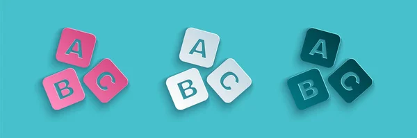 Corte de papel ABC bloques icono aislado sobre fondo azul. Cubos del alfabeto con letras A, B, C. Estilo de arte de papel. Vector — Archivo Imágenes Vectoriales