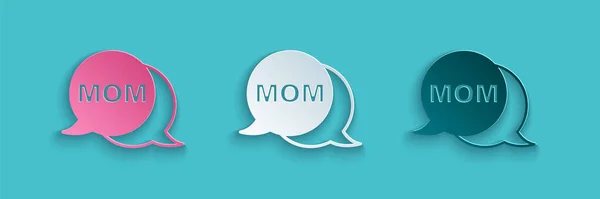 Paper cut Speech bubble mom icon isolated on blue background. Hari ibu bahagia. Gaya seni kertas. Vektor - Stok Vektor