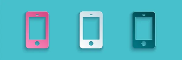 Corte de papel Smartphone, icono del teléfono móvil aislado sobre fondo azul. Estilo de arte de papel. Vector — Vector de stock