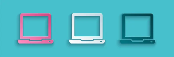 Papiergeschnittenes Laptop-Symbol isoliert auf blauem Hintergrund. Computer-Notizbuch mit leerem Bildschirm. Papierkunst. Vektor — Stockvektor