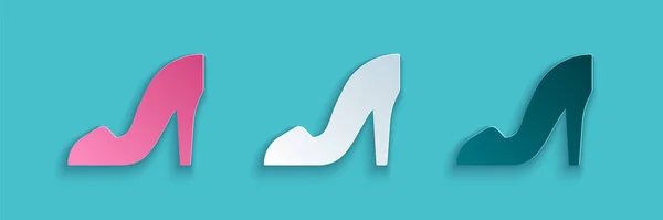 Paper cut Woman shoe with high heel icon isolated on blue fone. Бумажный стиль. Вектор — стоковый вектор