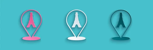 Icono de torre Eiffel de corte de papel aislado sobre fondo azul. Francia París símbolo emblemático. Estilo de arte de papel. Vector — Vector de stock
