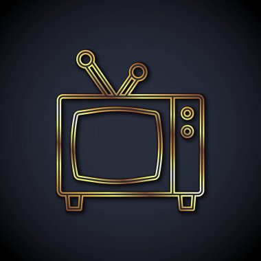 Altın çizgili Retro TV simgesi siyah arkaplanda izole edildi. Televizyon tabelası. Vektör