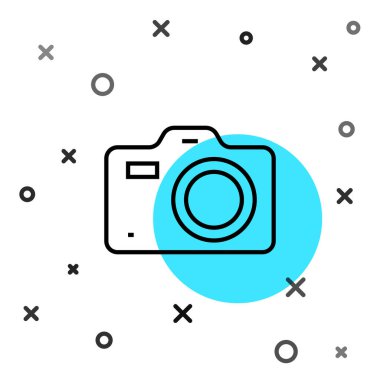 Siyah çizgi fotoğraf makinesi simgesi beyaz arkaplanda izole edildi. Foto kamera. Dijital fotoğrafçılık. Rastgele dinamik şekiller. Vektör