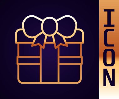 Altın çizgili hediye kutusu simgesi siyah arkaplanda izole edildi. Doğum günün kutlu olsun. Vektör