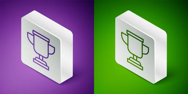 Isometric line Award cup icon isolated on purple and green background. Winner trophy symbol. Championship or competition trophy. Sports achievement sign. Silver square button. Vector — Stock Vector