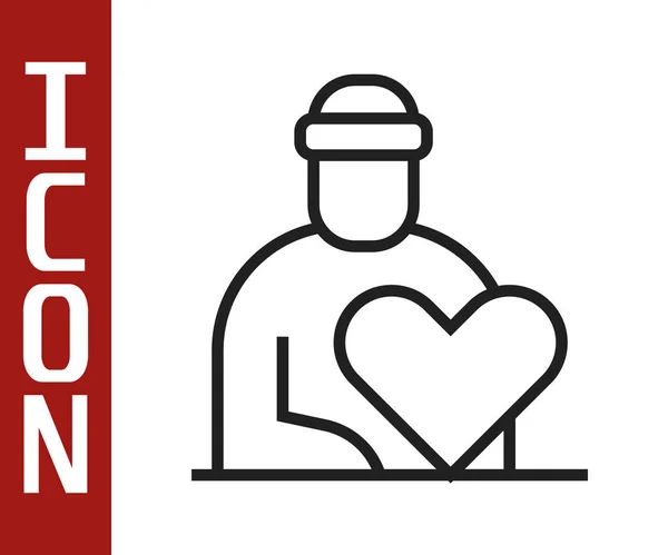 Svart linje Volontär ikon isolerad på vit bakgrund. Omsorg, kärlek och goda hjärtan samhället stödja fattiga, hemlösa och äldre personer. Vektor — Stock vektor