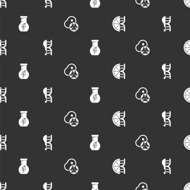 Genetik olarak modifiye edilmiş portakal, tavuk, test tüpü, matara ve eti pürüzsüz desene ayarlayın. Vektör