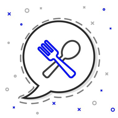 Çizgiyi aşan çatal ve kaşık simgesi beyaz arkaplanda izole edilmiş. Mutfak aletleri. Çatal bıçak seti. Renkli taslak konsepti. Vektör.