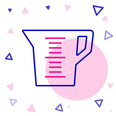 Beyaz zemin üzerinde izole edilmiş kuru ve sıvı yiyecek ikonunu ölçmek için çizgi ölçme kabı. Plastik şişenin sapı var. Renkli taslak konsepti. Vektör.