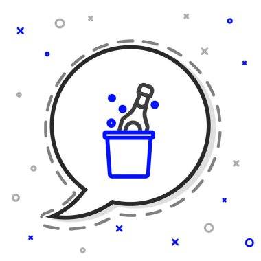 Beyaz arka planda izole edilmiş buz kovası ikonunda bir şişe şampanya. Renkli taslak konsepti. Vektör