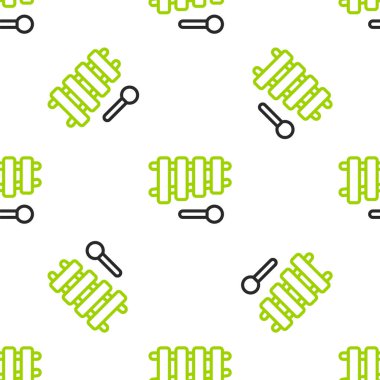 Hat ksilofon - 13 tahta çubuklu müzik aleti ve iki perküsyon tokmağı beyaz arka planda izole edilmiş pürüzsüz desen. Vektör