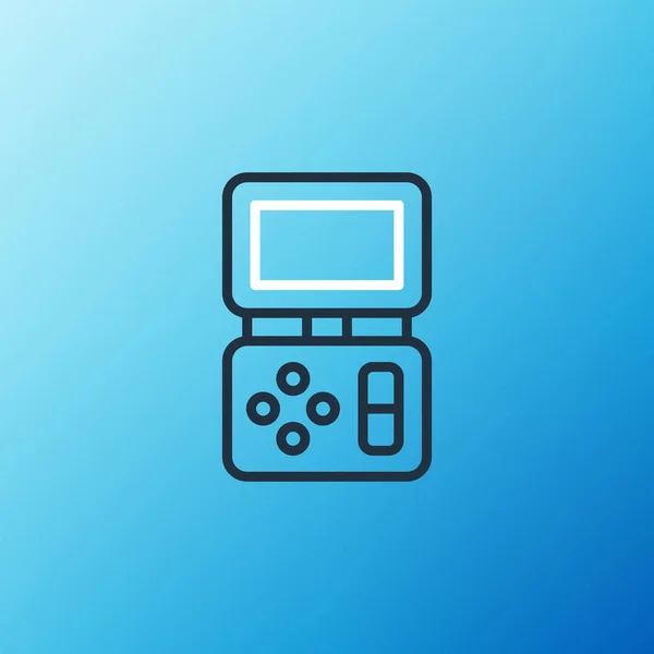 ラインポータブルテトリス電子ゲームアイコンは青の背景に隔離されました ヴィンテージスタイルのポケットレンガゲーム インタラクティブなプレイデバイス カラフルなアウトラインコンセプト ベクトル — ストックベクタ