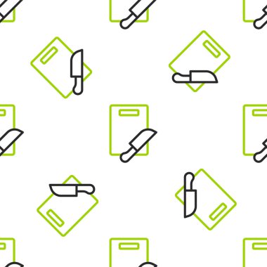 Çizgi kesme tahtası ve bıçak ikonu beyaz arka planda izole edilmiş pürüzsüz desen. Kesme tahtası sembolü. Çatal bıçak sembolü. Vektör.