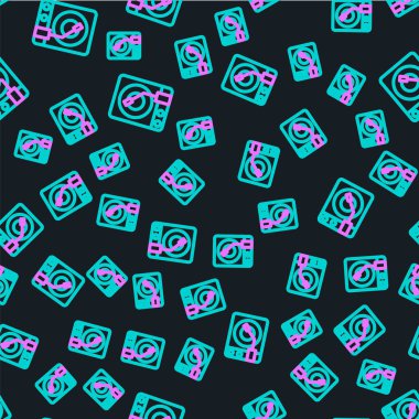 Çizgi Vinil oynatıcı ve vinil disk simgesi siyah arkaplanda izole edilmiş. Vektör