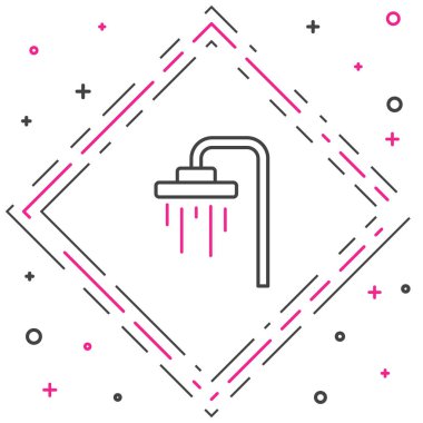 Beyaz zemin üzerinde su damlaları akan ikon olan çizgi duş başlığı izole edildi. Renkli taslak konsepti. Vektör