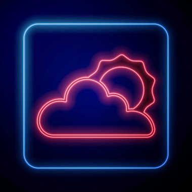 Parlayan neon güneş ve hava durumu ikonu siyah arkaplanda izole edildi. Vektör.