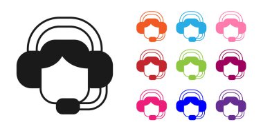 Beyaz arka planda izole edilmiş bir kulaklık simgesi olan siyah kadın. Destek operatörü hatta. Çağrı merkezi konsepti, müşteri destek servisi. Simgeleri renklendirin. Vektör.