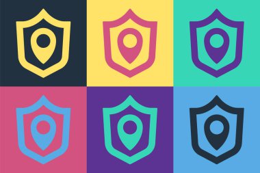 Pop Art Lokasyon Kalkanı simgesi renk arkaplanında izole edildi. Sigorta konsepti. Gardiyan. Güvenlik, güvenlik, koruma, gizlilik kavramı. Vektör.