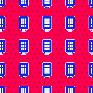 Softbox simgesindeki Mavi Stüdyo ampulü kırmızı arkaplanda izole edilmiş pürüzsüz desen. Gölge yansıma tasarımı. Vektör.