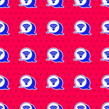 Mavi Wi-Fi kablosuz internet ağ sembolü simgesi kırmızı arkaplanda izole edilmiş. Vektör