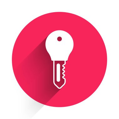 Beyaz Otel kapı kilidi simgesi uzun gölge arkaplanı ile izole. Kırmızı daire düğmesi. Vektör