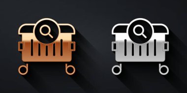 Sokaklardaki çöp tenekelerinde yiyecek arayan altın ve gümüş, siyah arka planda izole edilmiş bir ikon. Evsizlik ve yoksulluk kavramı. Uzun gölge tarzı. Vektör