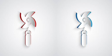 Kağıt kesiği oyuncak ikonu gri arka planda izole edilmiş. Yel değirmeni oyuncak ikonu. Kağıt sanatı tarzı. Vektör