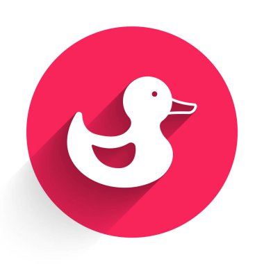 Beyaz Rubber ördek ikonu uzun gölge arkaplan izole. Kırmızı daire düğmesi. Vektör