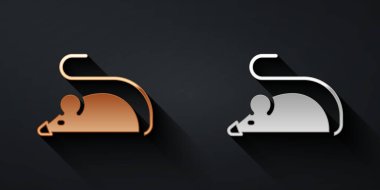 Altın ve gümüş deneysel fare simgesi siyah arkaplanda izole edildi. Uzun gölge tarzı. Vektör