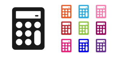 Siyah Hesap Makinesi simgesi beyaz arkaplanda izole edildi. Muhasebe sembolü. İş hesaplamaları matematik eğitimi ve finans. Simgeleri renklendirin. Vektör