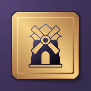 Mor yel değirmeni simgesi mor arkaplanda izole edilmiş. Altın kare düğme. Vektör