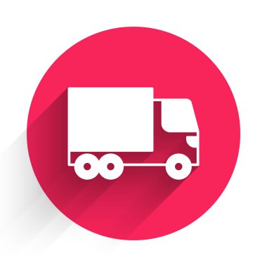 Beyaz kargo kamyonu ikonu uzun gölgeli arka planda izole edildi. Kırmızı daire düğmesi. Vektör