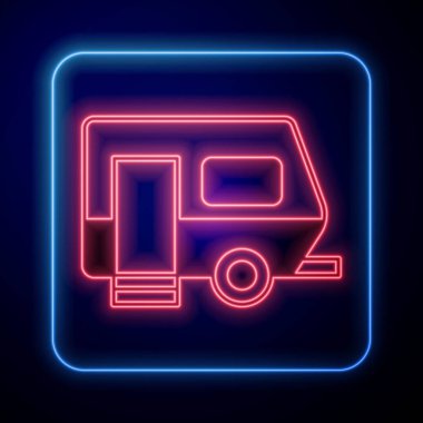 Parlayan neon karavan kampı simgesi siyah arkaplanda izole edildi. Gezici ev, karavan, yolculuk için ev karavanı. Vektör