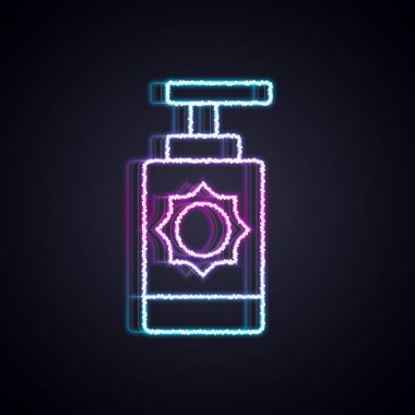 Parlayan neon hattı güneş kremi şişesi simgesi siyah arka planda izole edildi. Cilt için güneş ultraviyole ışığından koruma. Vektör.
