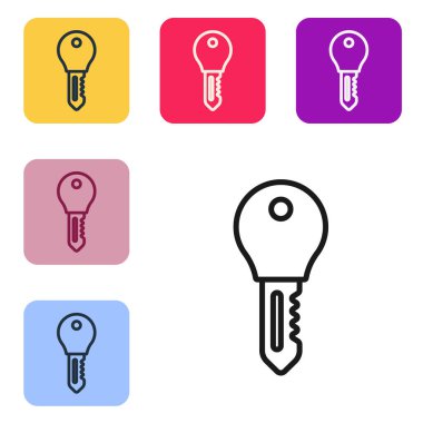 Siyah çizgi otelin kapı kilidi simgesi beyaz arkaplanda izole edildi. Renkli kare düğmelerle simgeleri ayarla. Vektör