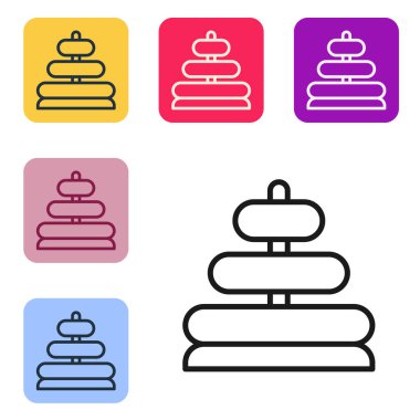 Siyah çizgi piramit oyuncak ikonu beyaz arkaplanda izole edildi. Renkli kare düğmelerle simgeleri ayarla. Vektör