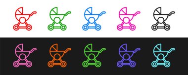 Bebek arabası simgesini siyah beyaz arkaplanda ayır. Bebek arabası, at arabası, bebek arabası, bebek arabası, tekerlek. Vektör