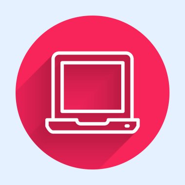 Beyaz çizgi dizüstü bilgisayar simgesi uzun gölge arkaplanı ile izole edildi. Boş ekran işaretli bilgisayar defteri. Kırmızı daire düğmesi. Vektör