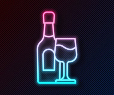 Siyah zemin üzerinde cam ikon bulunan parlak neon çizgili şarap şişesi. Vektör