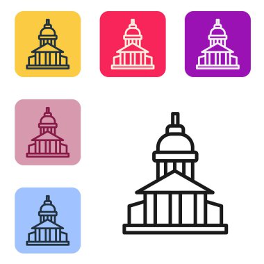 Siyah çizgi müze binası simgesi beyaz arkaplanda izole edildi. Renkli kare düğmelerle simgeleri ayarla. Vektör