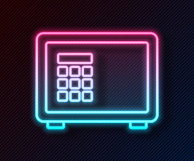 Parlayan neon hattı siyah arkaplanda güvenli simge. Kapı, şifreli bir banka kasası. Güvenilir Veri Koruma. Vektör