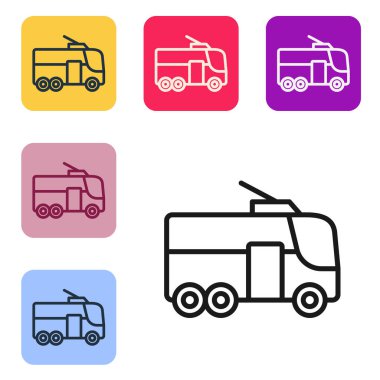Beyaz arkaplanda siyah çizgi Trolleybus simgesi izole edildi. Toplu taşıma sembolü. Renkli kare düğmelerle simgeleri ayarla. Vektör