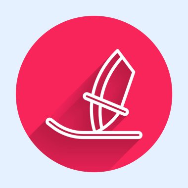 Beyaz çizgi rüzgar sörfü ikonu uzun gölge arkaplan izole. Kırmızı daire düğmesi. Vektör