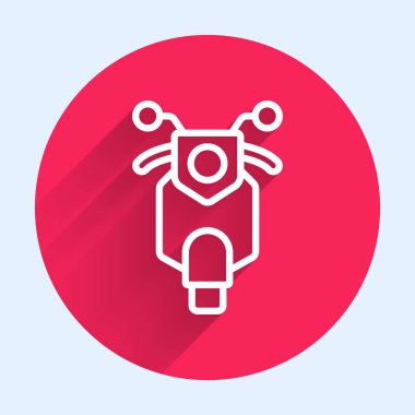Beyaz çizgi Scooter simgesi uzun gölge arkaplanı ile izole edildi. Kırmızı daire düğmesi. Vektör