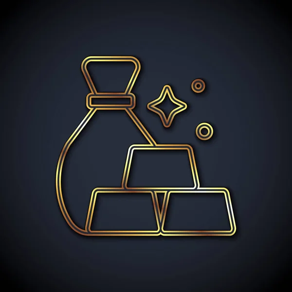 Goldlinie Tasche Mit Goldbarren Symbol Isoliert Auf Schwarzem Hintergrund Sack — Stockvektor