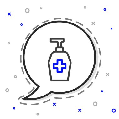 Beyaz arka planda izole edilmiş şeker ikonu içeren sıvı antibakteriyel sabun hattı. Antiseptik. Dezenfeksiyon, hijyen, cilt bakımı. Renkli taslak konsepti. Vektör